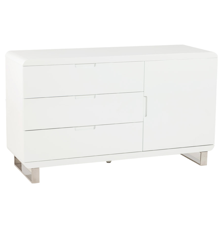 Pieds en inox, poignées discrètes, composé de 3 tiroirs et une armoire.