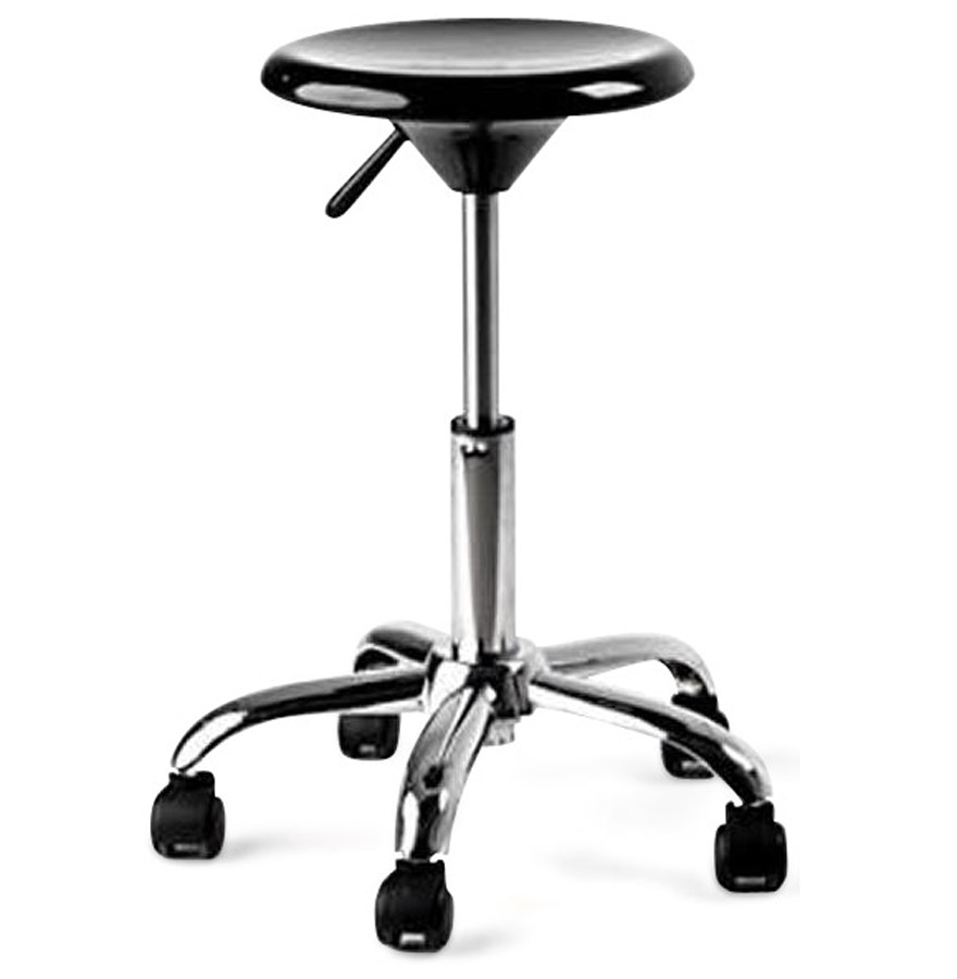 Tabouret sur roulettes, réglable en hauteur.