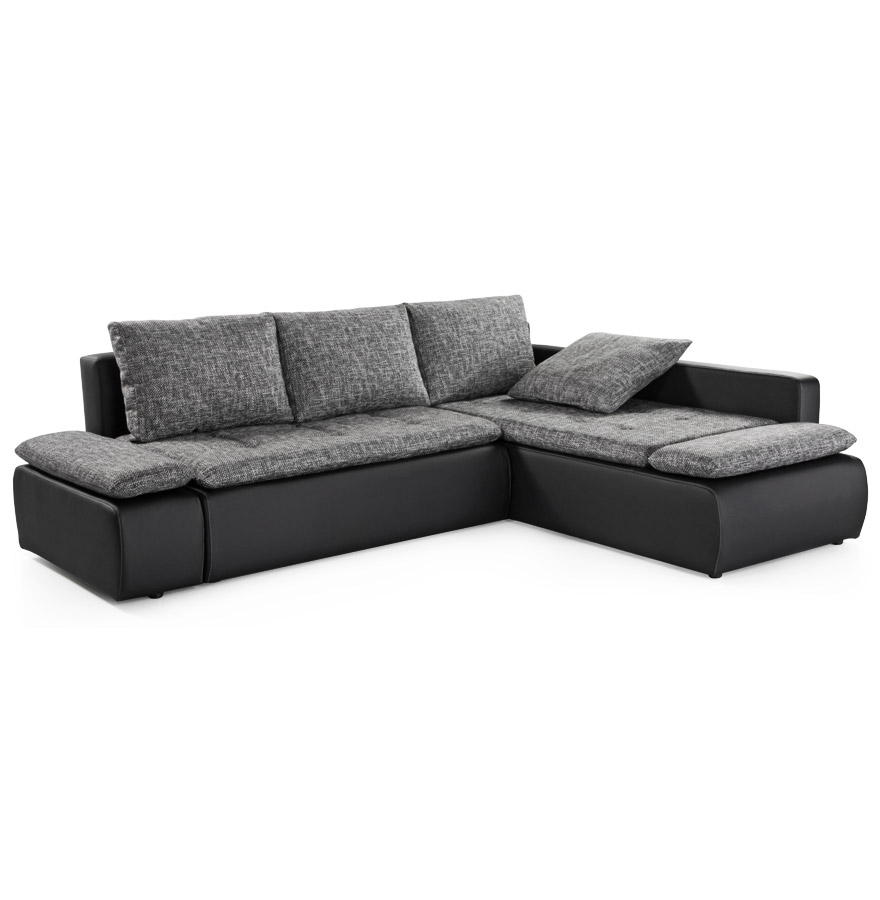 Canapé d'angle noir avec une assise en tissu et une structure en similicuir.