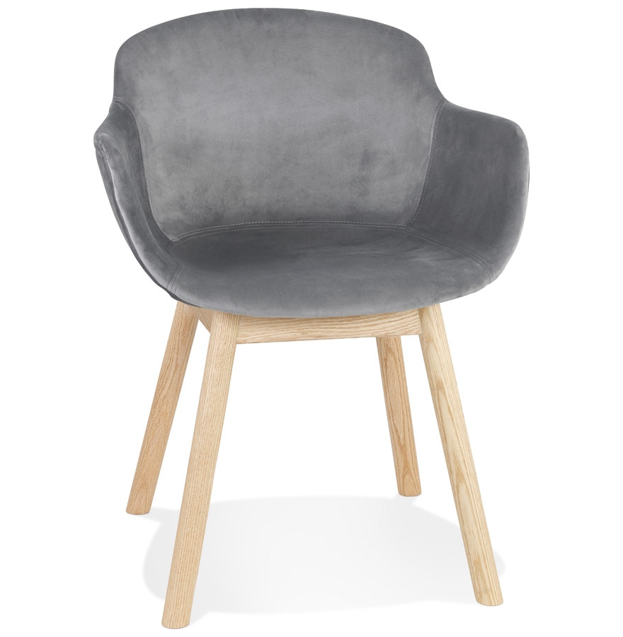 Chaise avec accoudoirs 'FRIDA' en velours gris et pieds en bois naturel vue1