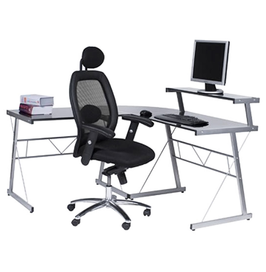 Bureau en verre trempé, angle montable dans les 2 sens.