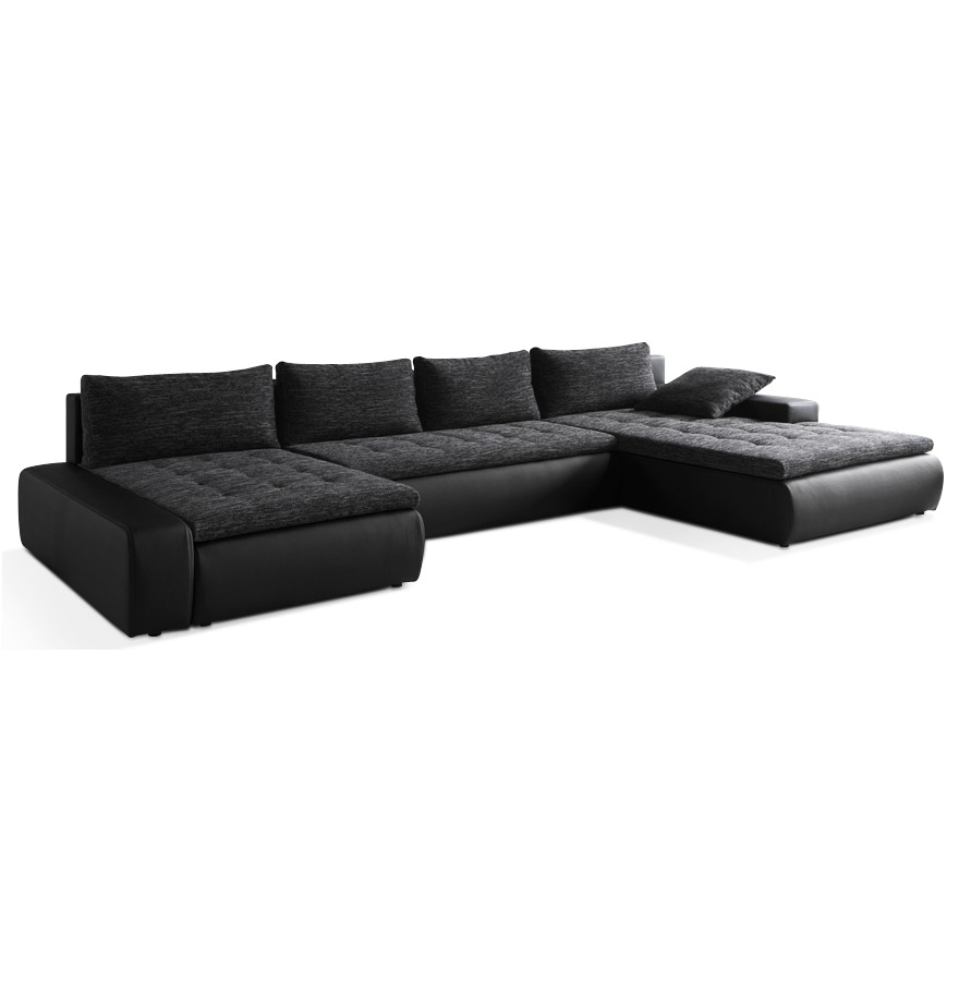 Canapé panoramique noir avec une assise en tissu et une structure en similicuir.