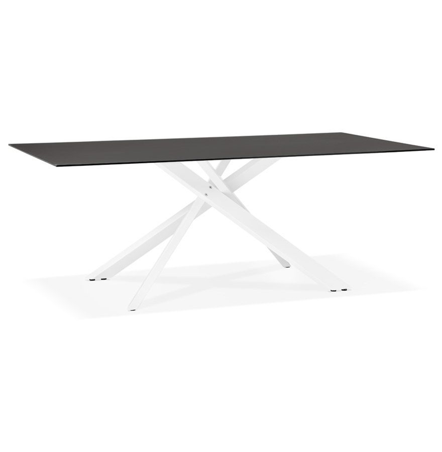 Table à diner design 'BIRDY' en verre noir avec pied central en x blanc - 200x100 cm vue1