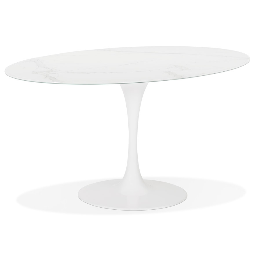 Table à manger design 'CHAMAN' ovale blanche en verre effet marbre - 160x105 cm vue1