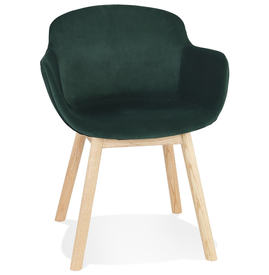 Chaise avec accoudoirs 'FRIDA' en velours vert et pieds en bois naturel vue1