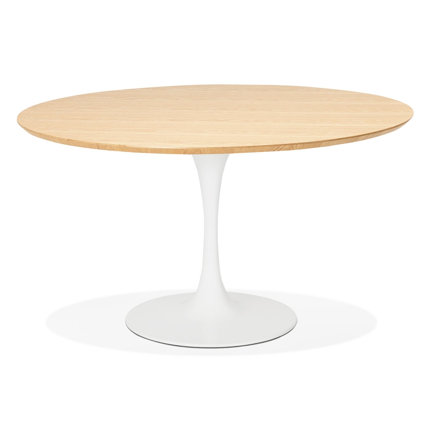Table à dîner  / de bureau ronde design 'GLOBO' en bois finition naturelle et pied central en métal blanc - Ø120 cm vue1