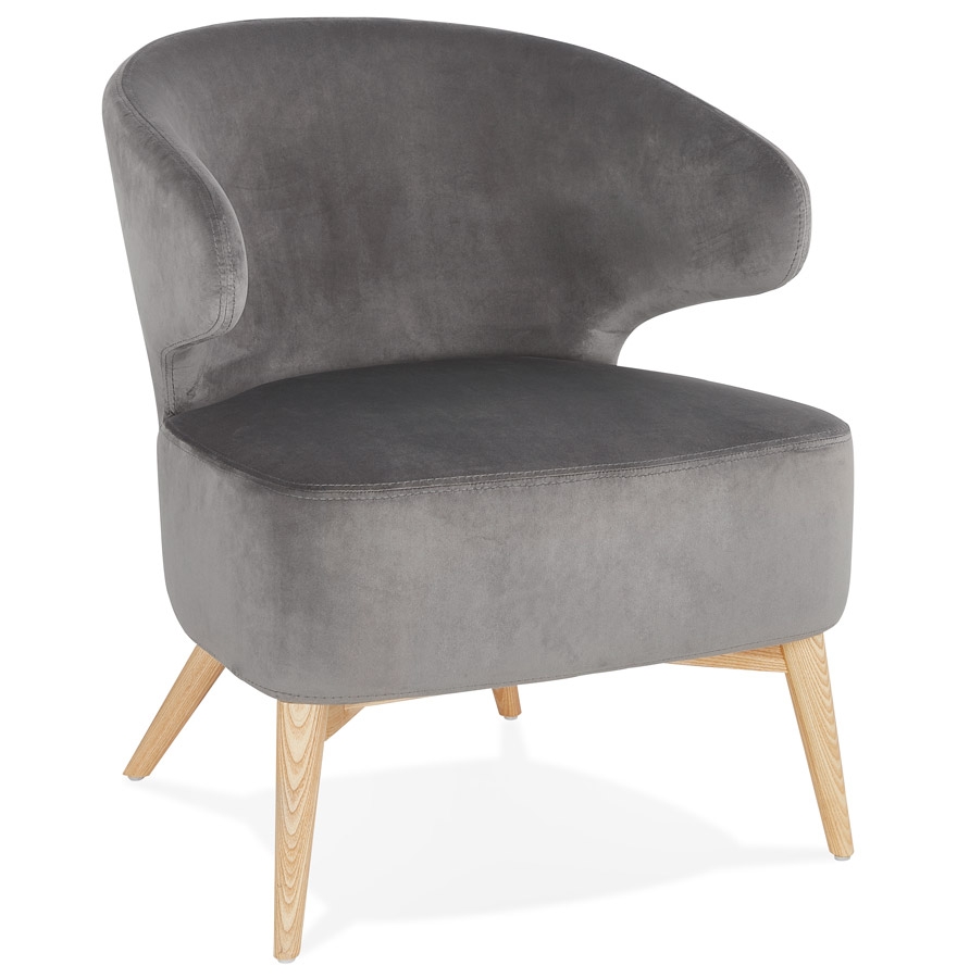 Fauteuil lounge vintage 'LUXY' en velours gris et pieds en bois finition naturelle vue1