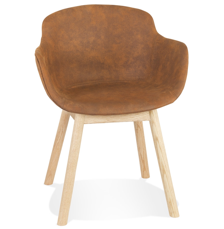 Chaise avec accoudoirs 'RUPERT' en microfibre brune et pieds en bois naturel vue1