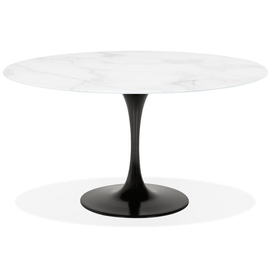 Table à manger 'SHADOW' ronde en verre blanc effet marbre et pied central noir - Ø 140 CM vue1