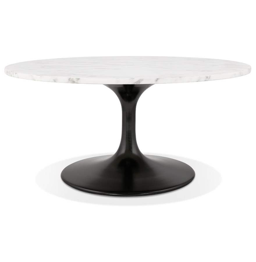 Table basse de salon 'URSUS MINI' en pierre blanche effet marbre avec un pied central noir vue1