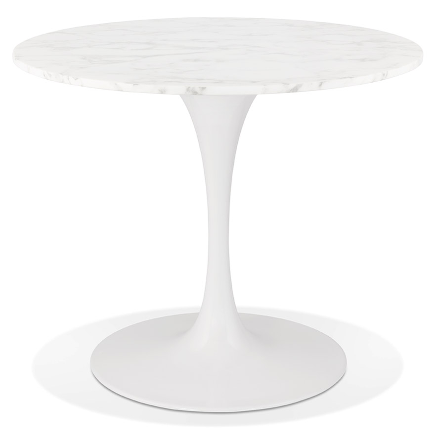 Table à dîner ronde 'URSUS' en pierre blanche effet marbre et métal blanc - Ø 90 cm vue1