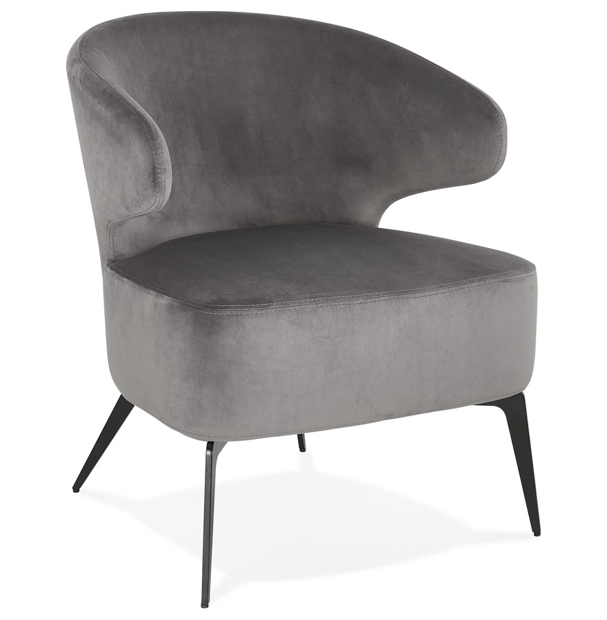 Fauteuil lounge design 'VICTOR' en velours gris et pieds en métal noir vue1